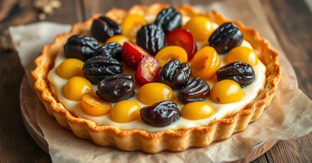 Homemade plum and mirabelle tart with caramelized golden pastry crust, arranged fresh prunes and yellow mirabelles on creamy