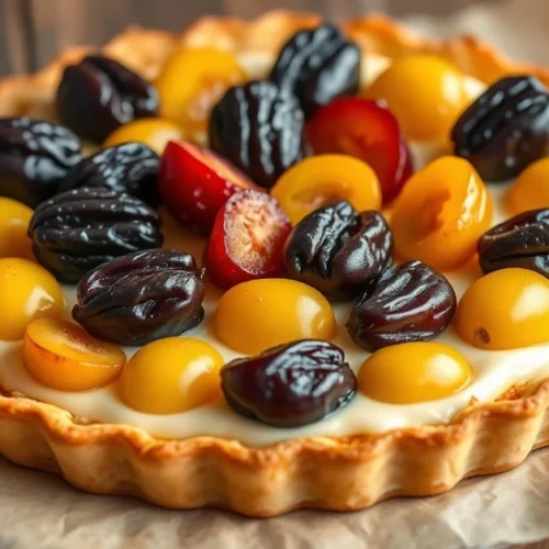 Homemade plum and mirabelle tart with caramelized golden pastry crust, arranged fresh prunes and yellow mirabelles on creamy