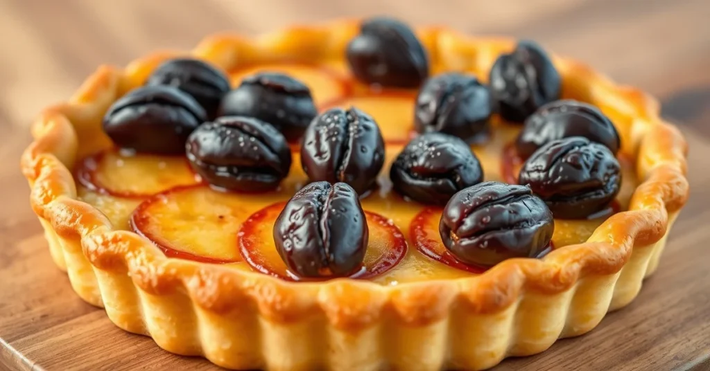 Homemade plum tart with crispy puff pastry, golden baked surface, fresh purple prunes arranged on top, rustic French dessert