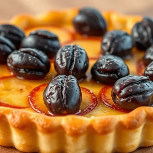 Homemade plum tart with crispy puff pastry, golden baked surface, fresh purple prunes arranged on top, rustic French dessert