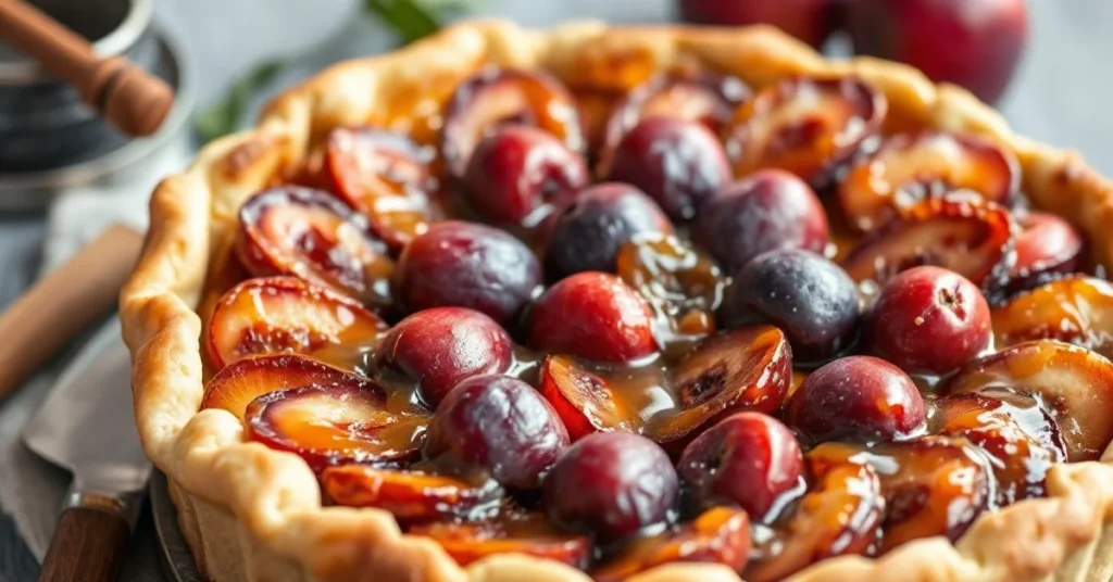 Homemade plum tart with golden pastry crust, fresh ripe purple plums arranged in concentric circles, topped with caramelized