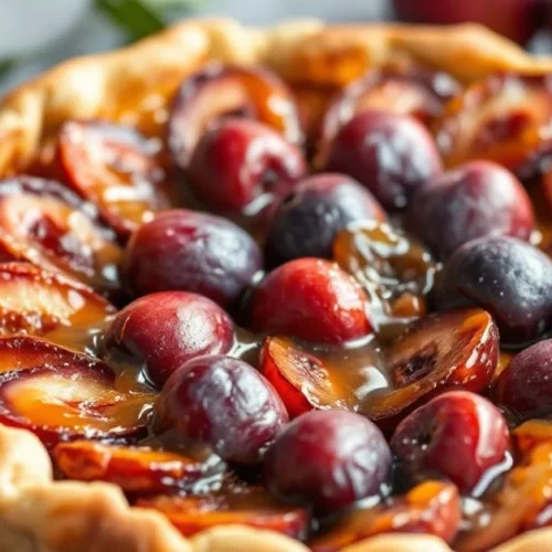 Homemade plum tart with golden pastry crust, fresh ripe purple plums arranged in concentric circles, topped with caramelized