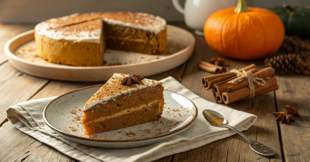 Homemade pumpkin cake slice on plate, warm autumn lighting, cinnamon dusting, cozy wooden table background, professional food