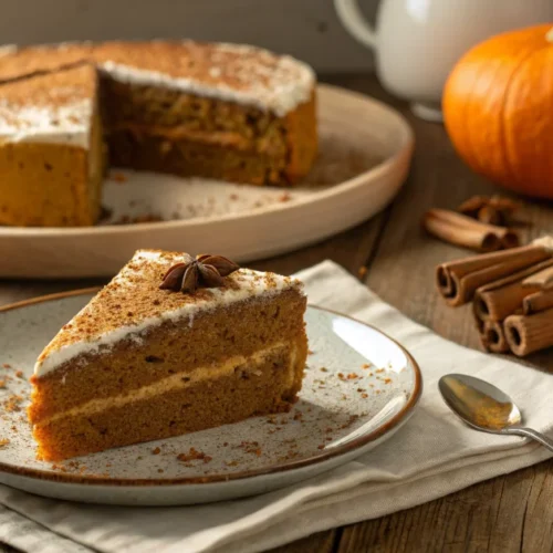 Homemade pumpkin cake slice on plate, warm autumn lighting, cinnamon dusting, cozy wooden table background, professional food
