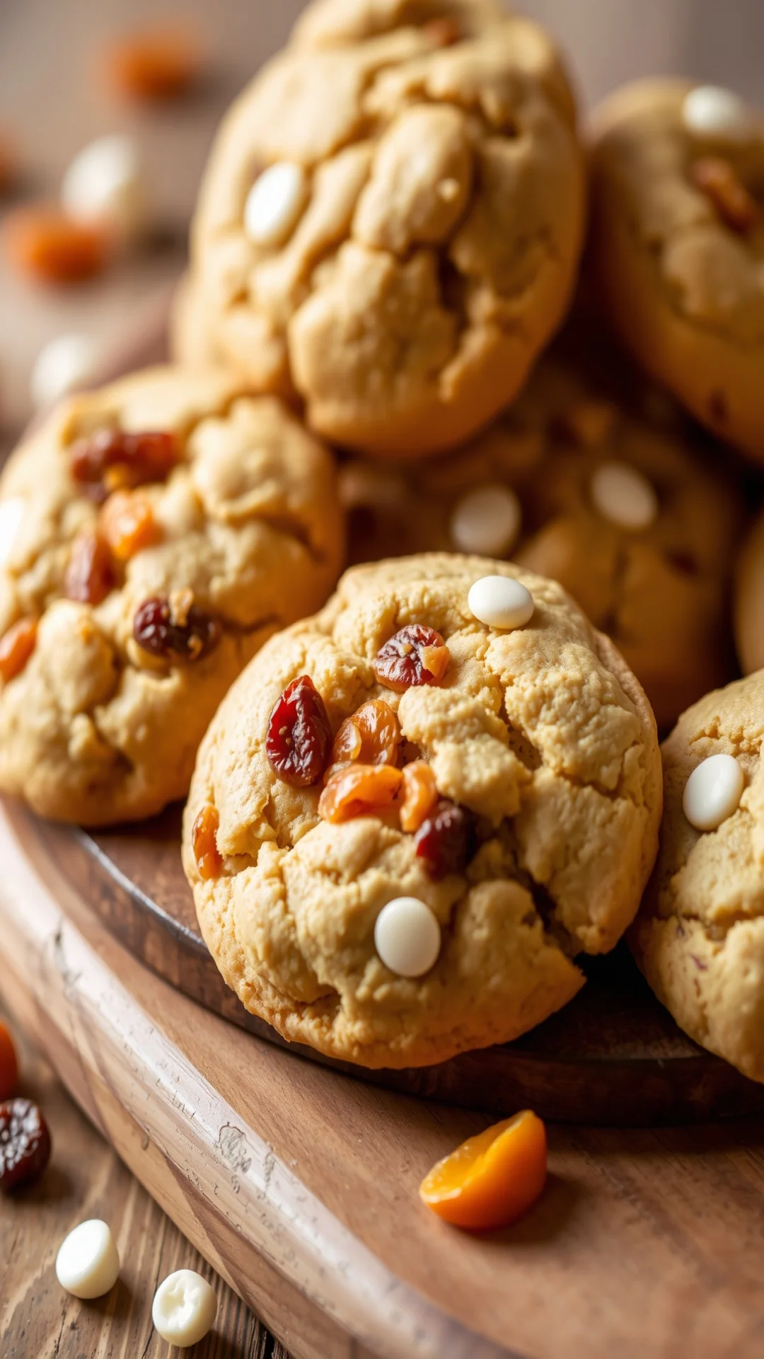 Macro portrait of golden chewy cookies with dried apricot chunks and white chocolate chips on rustic wooden board, warm baker