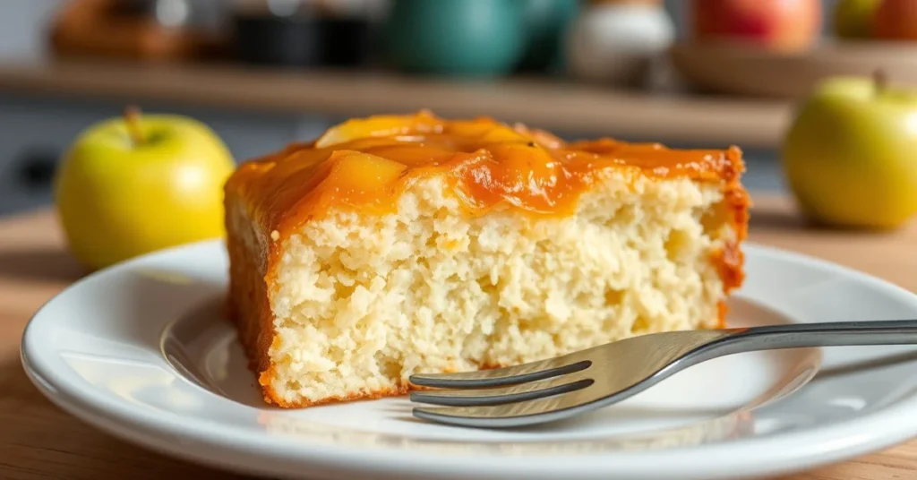 Moist apple compote cake slice on white plate with fork, homemade pastry, fluffy texture, golden brown, soft lighting, cozy k