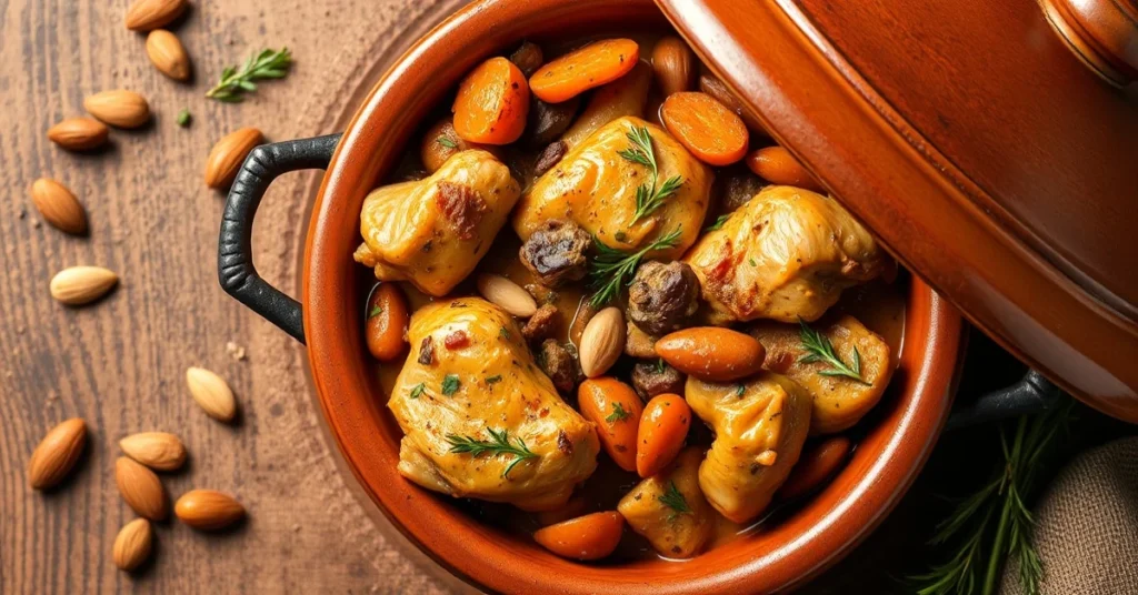 Moroccan tajine with chicken, apricots and almonds, rustic earthenware pot, aromatic spices, golden chicken pieces, dried apr