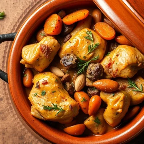 Moroccan tajine with chicken, apricots and almonds, rustic earthenware pot, aromatic spices, golden chicken pieces, dried apr