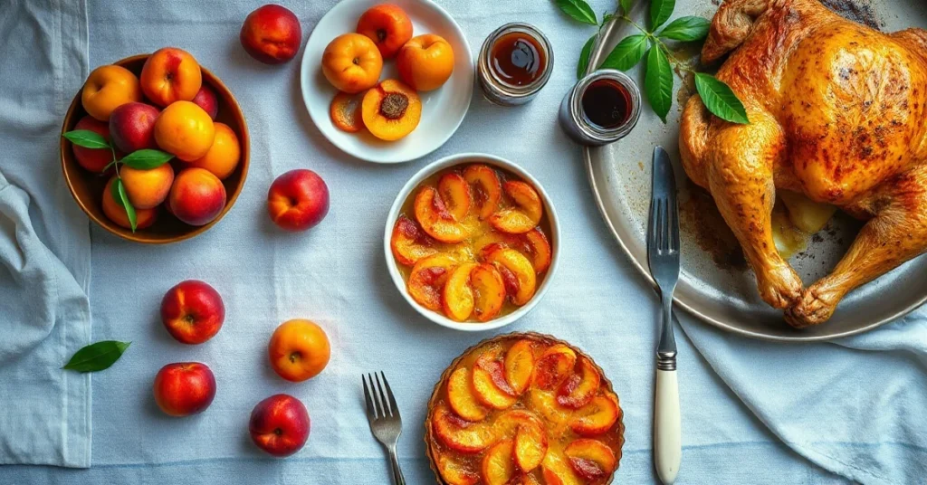 Overhead landscape flat lay of fresh ripe apricots, tarte tatin, jam jars, clafoutis and roasted chicken arranged on a rustic