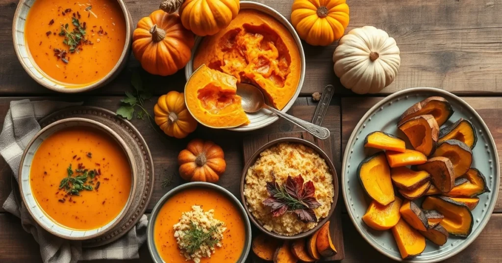 Overhead landscape food photo of a beautiful autumn spread featuring potimarron squash in various preparations, soup, gratin,