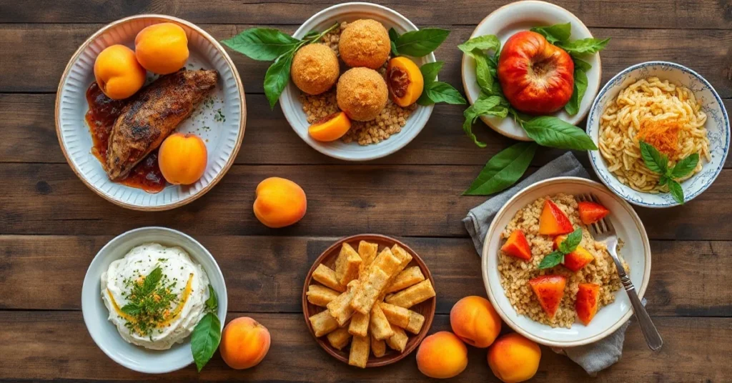Overhead landscape food photo of fresh apricots and five different dishes on a rustic wooden table, summer abundance, warm go