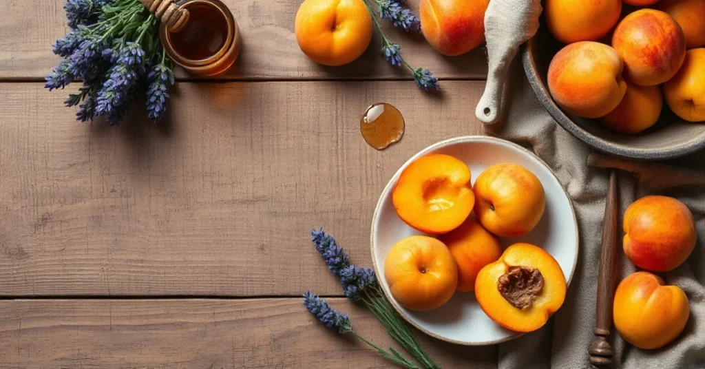 Overhead landscape food photo of fresh golden apricots arranged with summer recipes, rustic wooden table, honey, lavender, br