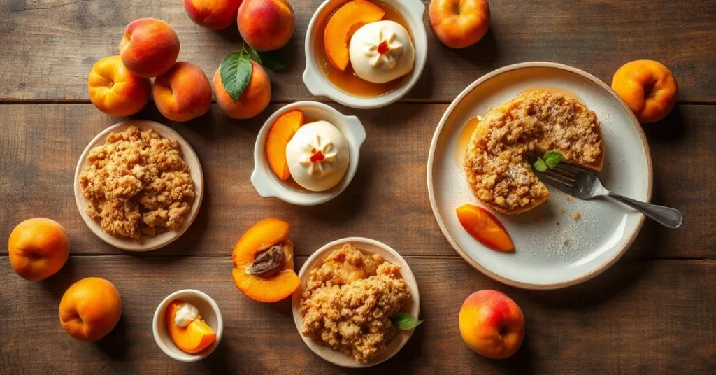 Overhead landscape food photography of beautiful summer apricot desserts spread on a rustic wooden table, fresh apricots, tar