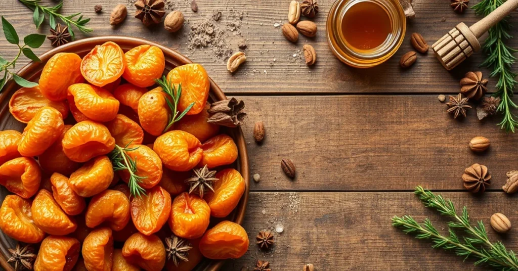 Overhead landscape food photography of dried apricots beautifully arranged with spices, nuts, honey and fresh herbs on a rust