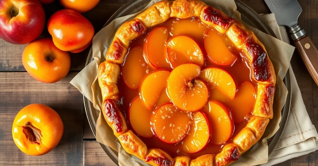 Overhead shot of beautiful golden caramelized Tarte Tatin with fresh apricots, flaky pastry crust, glossy caramel sauce, rust