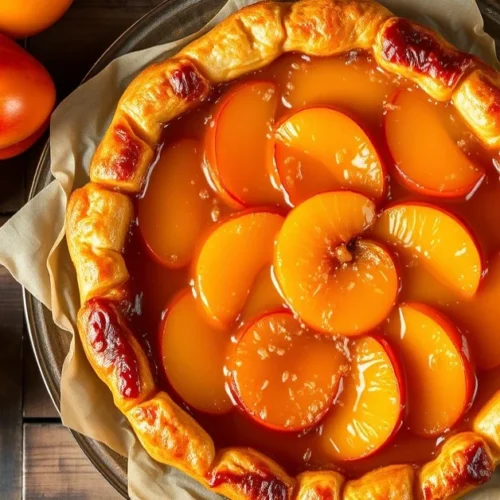 Overhead shot of beautiful golden caramelized Tarte Tatin with fresh apricots, flaky pastry crust, glossy caramel sauce, rust