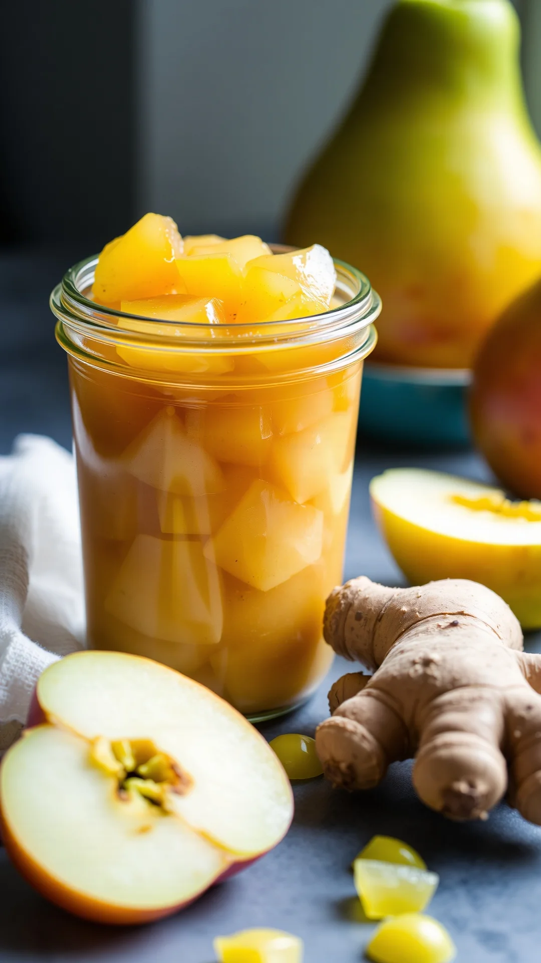 Portrait close-up of apple and pear ginger compote in a glass jar, fresh ginger root beside it, bright natural light, vibrant
