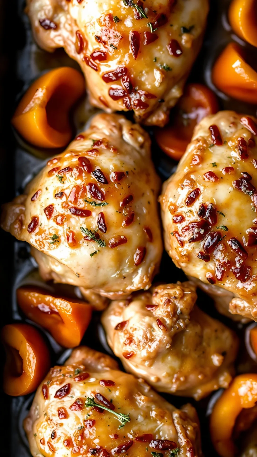 Portrait close-up of golden roasted chicken thighs with caramelized fresh apricots and thyme in a rustic baking dish, honey g