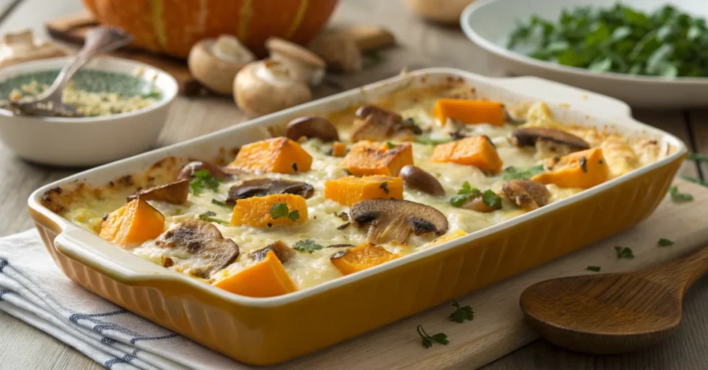 Potimarron aux champignons gratin fromage crème fraîche plat végétarien automnal doré réconfortant savoureux gastronomi