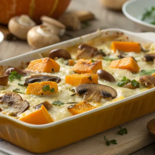 Potimarron aux champignons gratin fromage crème fraîche plat végétarien automnal doré réconfortant savoureux gastronomi