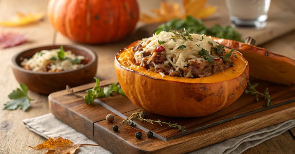 Roasted potimarron squash stuffed with meat and rice filling, topped with melted cheese, garnished with fresh herbs, autumn h