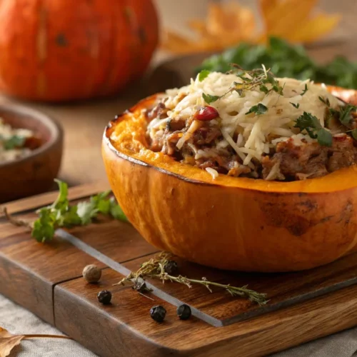 Roasted potimarron squash stuffed with meat and rice filling, topped with melted cheese, garnished with fresh herbs, autumn h