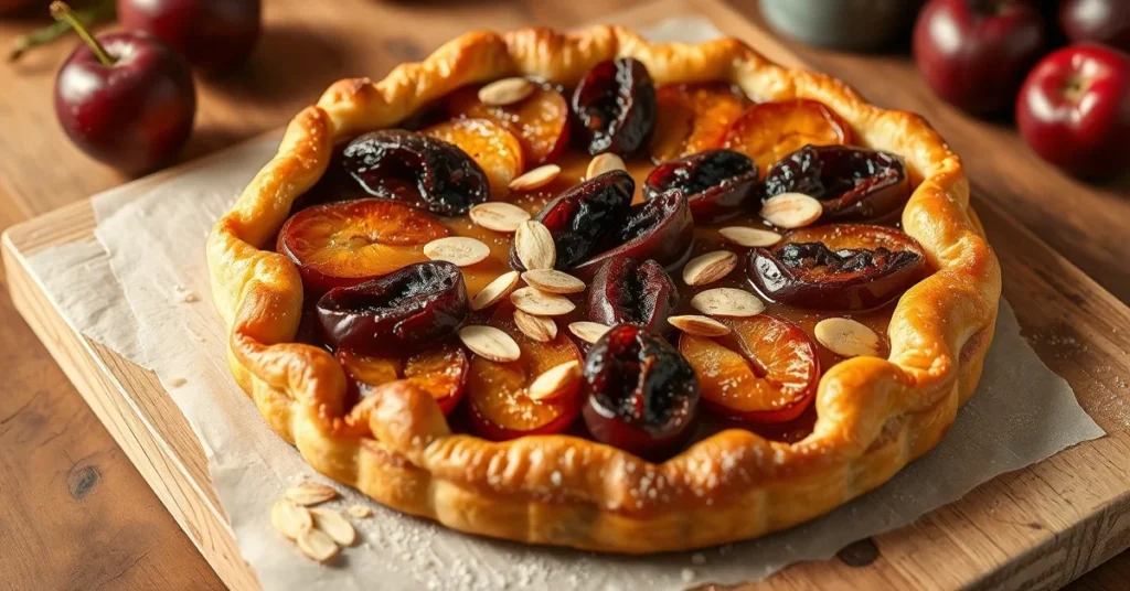 Rustic French plum tart with caramelized prunes, golden pastry, almonds, served on wooden table, warm lighting, delicious hom