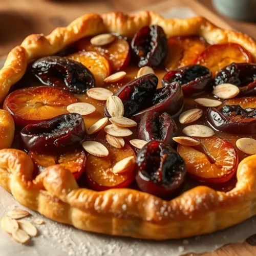 Rustic French plum tart with caramelized prunes, golden pastry, almonds, served on wooden table, warm lighting, delicious hom