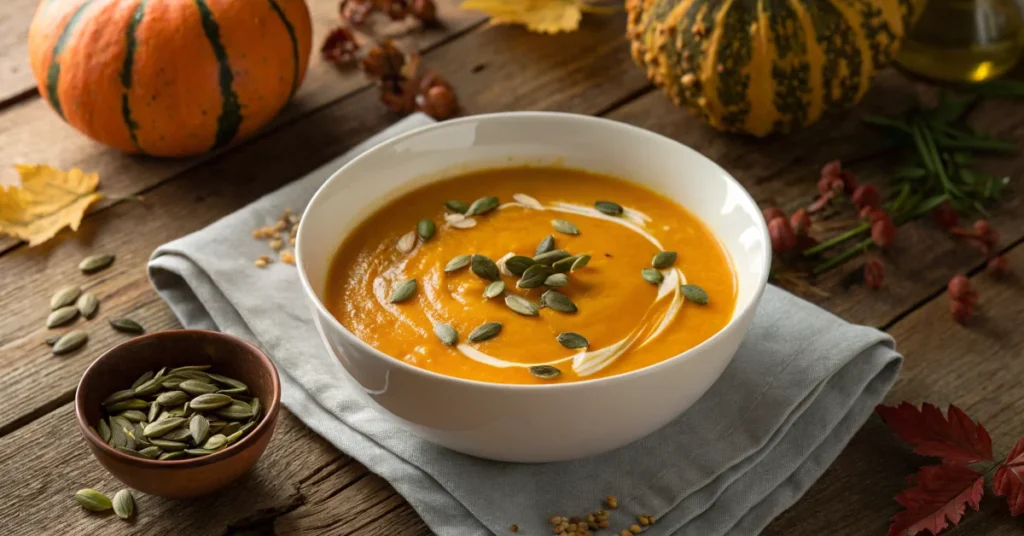 Silky smooth pumpkin soup in white bowl, autumn garnish with pumpkin seeds, rustic wooden table, warm autumn lighting, profes