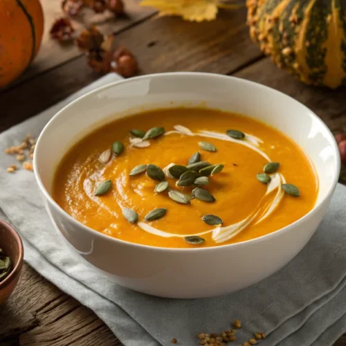 Silky smooth pumpkin soup in white bowl, autumn garnish with pumpkin seeds, rustic wooden table, warm autumn lighting, profes