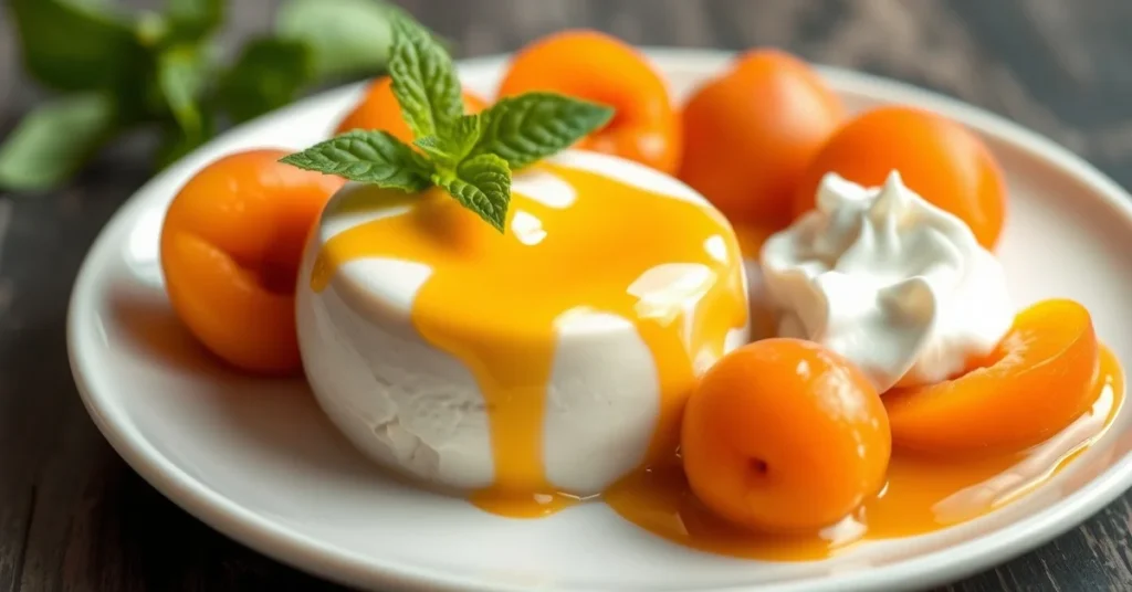 Smooth golden apricot coulis drizzled elegantly on white plate with fresh apricots, garnished with mint leaf and whipped crea