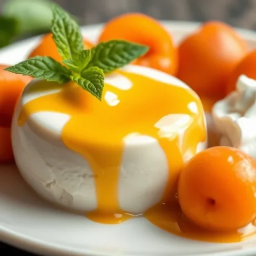 Smooth golden apricot coulis drizzled elegantly on white plate with fresh apricots, garnished with mint leaf and whipped crea