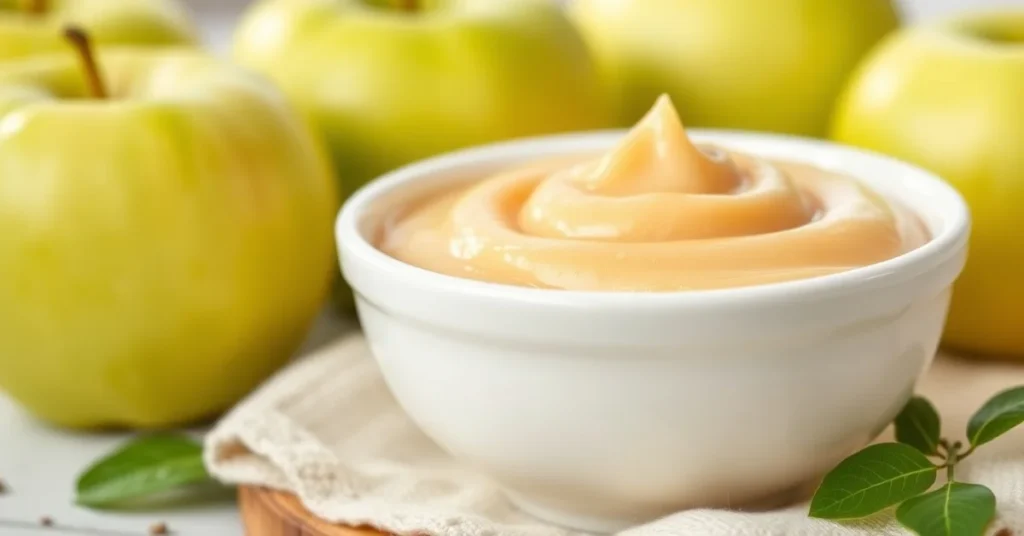 Smooth homemade applesauce for babies in a white ceramic bowl, fresh green apples in background, soft natural lighting, whole