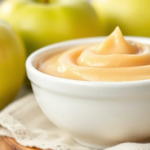Smooth homemade applesauce for babies in a white ceramic bowl, fresh green apples in background, soft natural lighting, whole