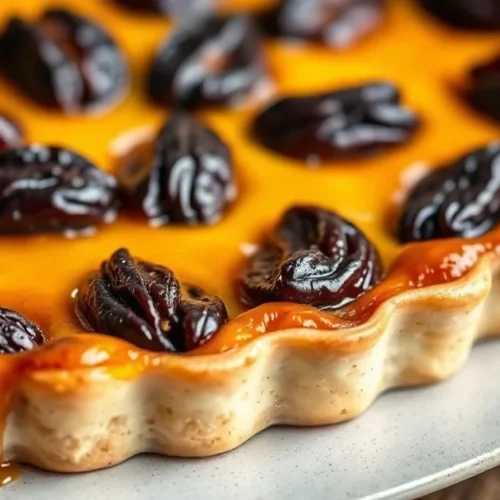 Tarte Tatin aux prunes golden caramelized with prunes arranged perfectly fresh from oven gourmet French dessert