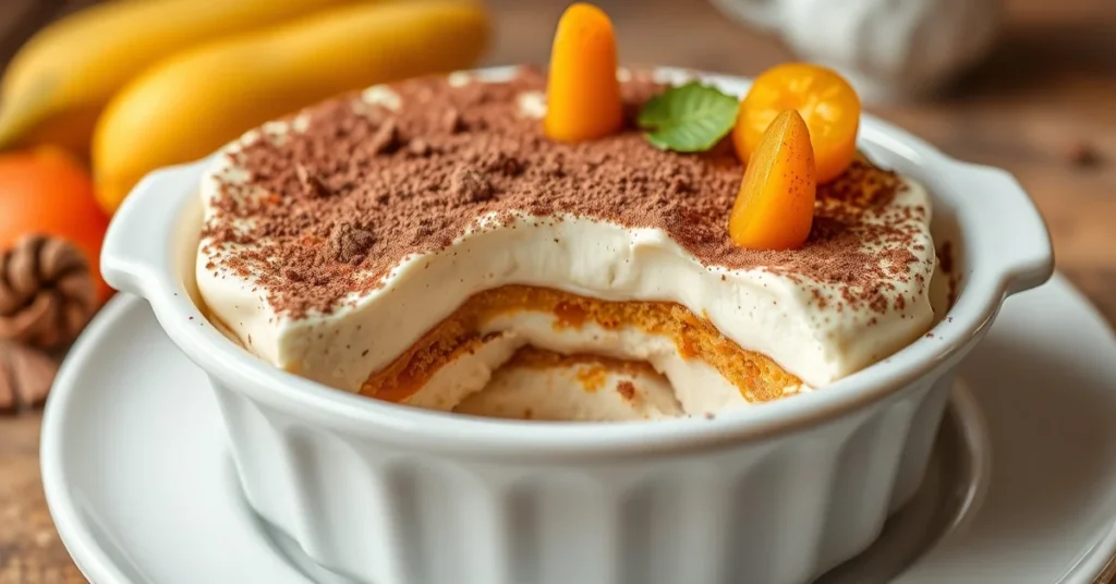 Tiramisu abricot avec couches visibles, abricots frais décoration, cacao saupoudré, présentation élégante professionnell