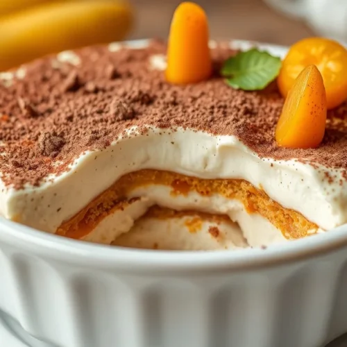 Tiramisu abricot avec couches visibles, abricots frais décoration, cacao saupoudré, présentation élégante professionnell