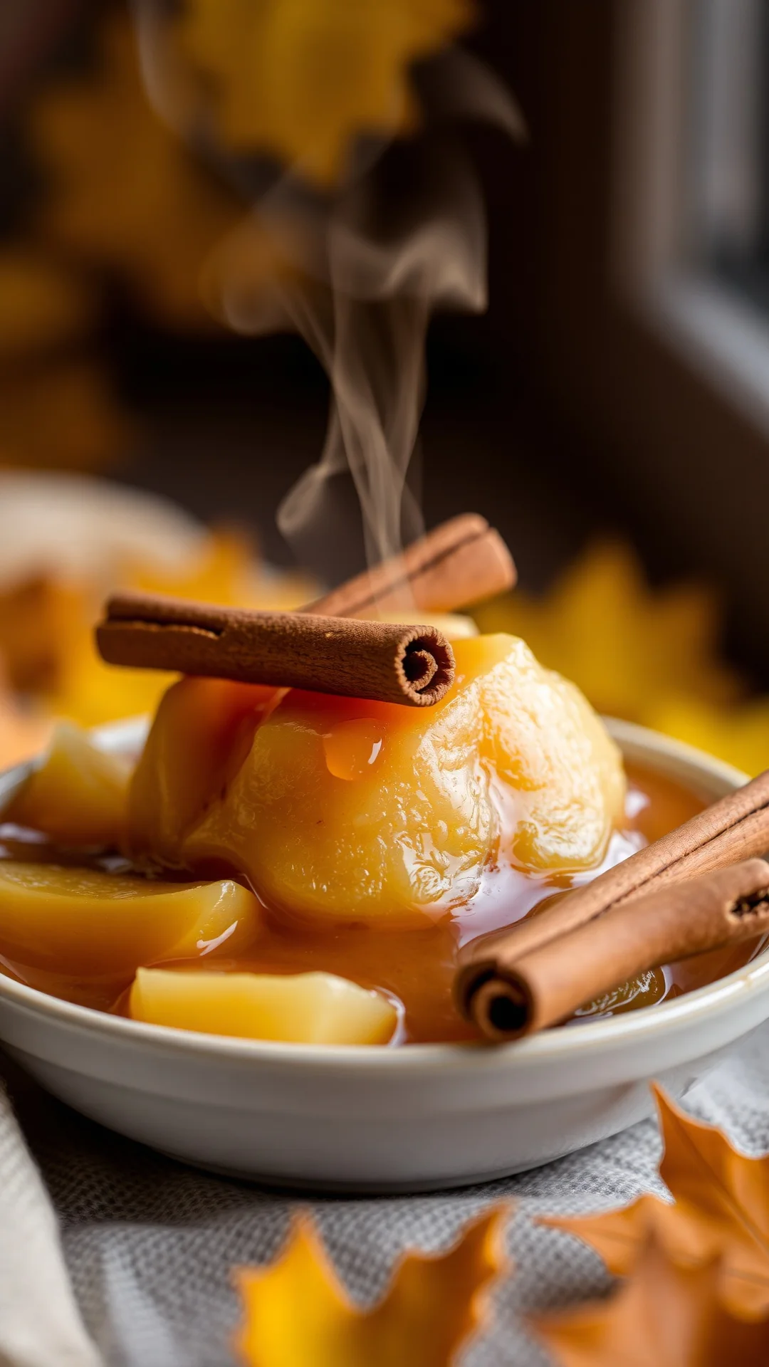 Vertical close-up of apple cinnamon vanilla compote with a cinnamon stick garnish, cozy autumn atmosphere, golden tones, stea