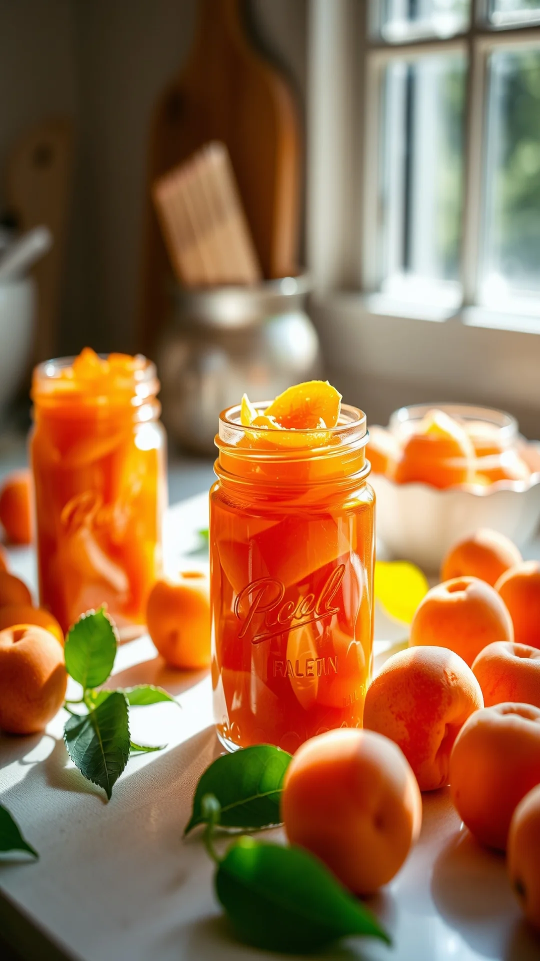 Vertical close-up of open glass jars filled with homemade apricot jam, fresh apricots scattered around, sunlight streaming th