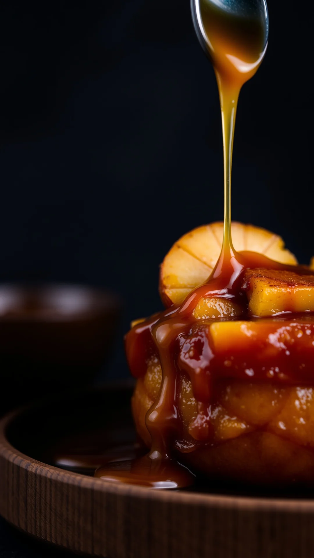 Vertical portrait close-up of caramel salted butter roasted apple compote drizzled with caramel sauce, dark moody background,