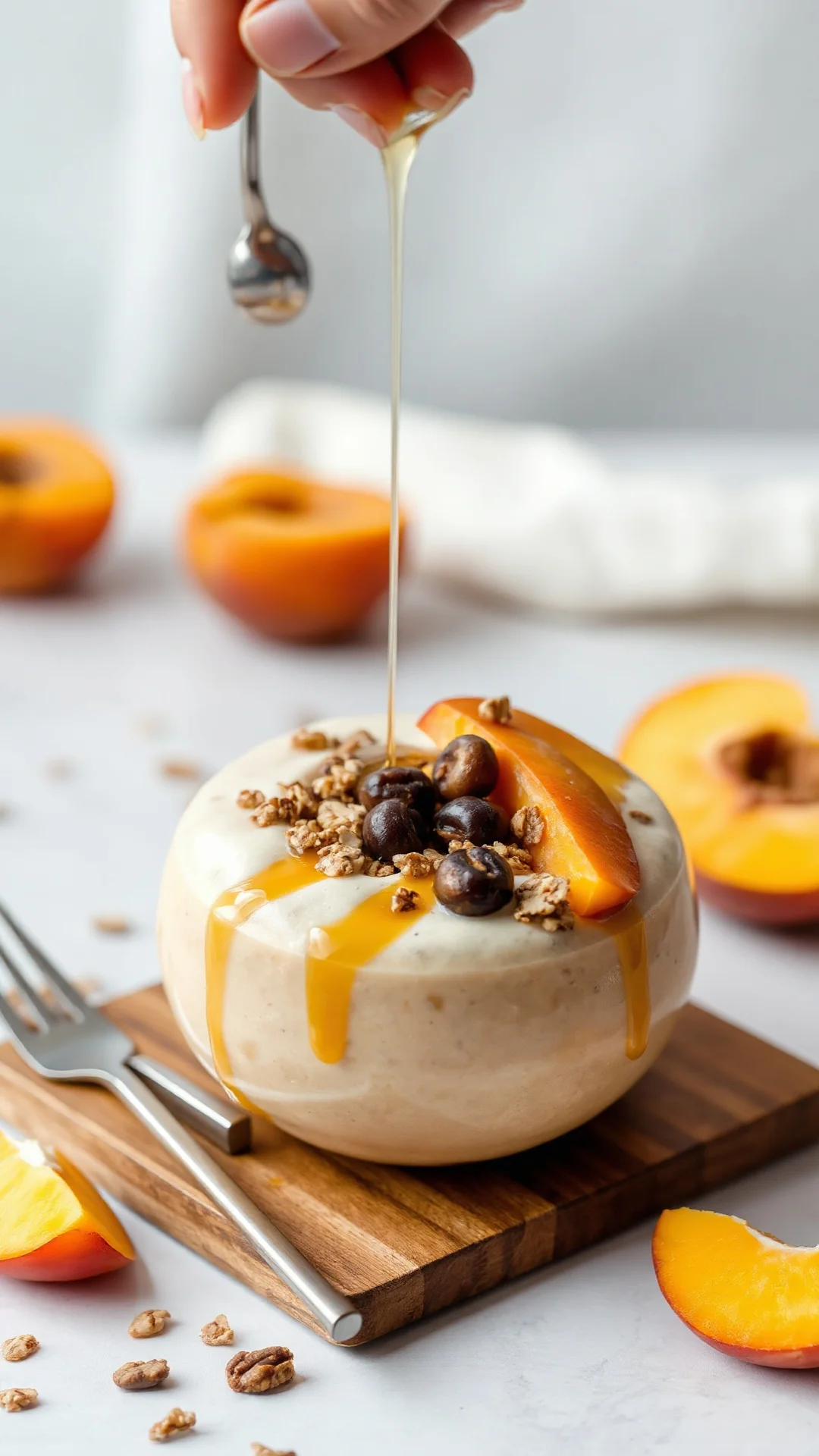 Vertical portrait of a vibrant apricot smoothie bowl topped with granola, fresh apricot slices and honey drizzle, bright summ