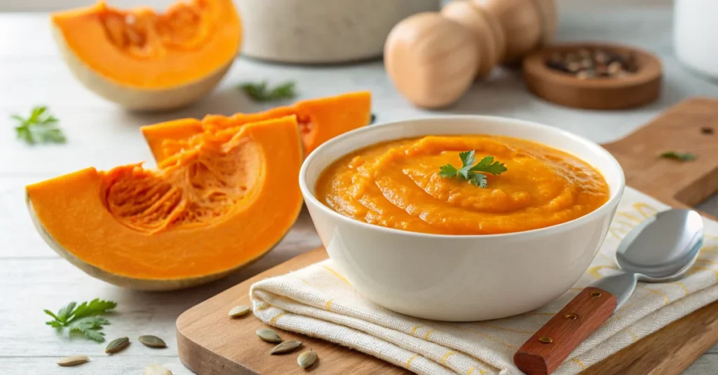 Vibrant orange pumpkin puree in white ceramic bowl, fresh potimarron squash halves beside it, autumn kitchen setting, soft na