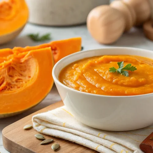 Vibrant orange pumpkin puree in white ceramic bowl, fresh potimarron squash halves beside it, autumn kitchen setting, soft na