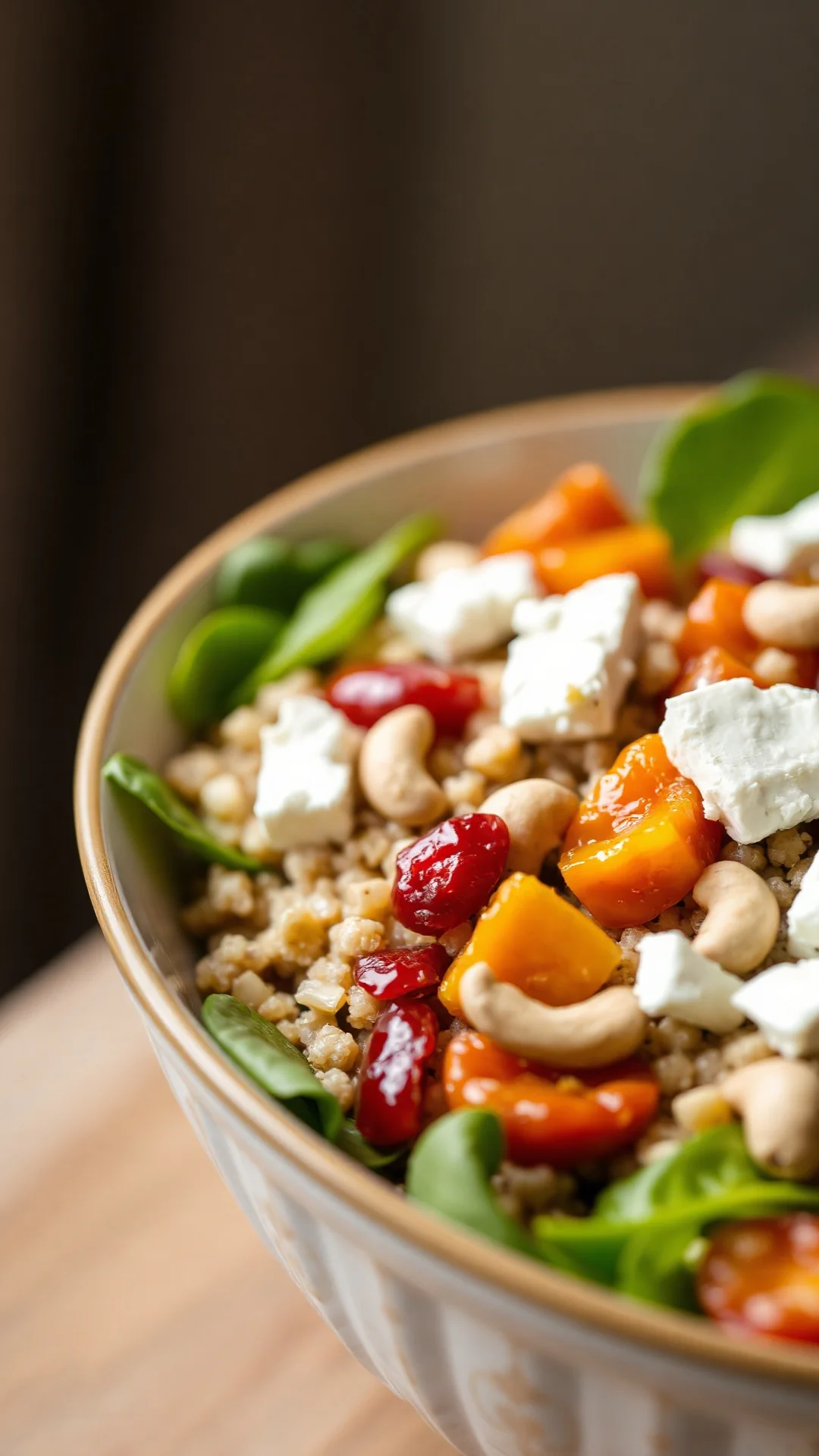 Vibrant portrait close-up of a fresh quinoa salad bowl with chopped dried apricots, crumbled feta cheese, baby spinach and ca