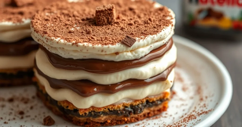 A decadent tiramisu layered dessert with creamy Nutella mascarpone filling, cocoa powder dusting on top, close view, professi