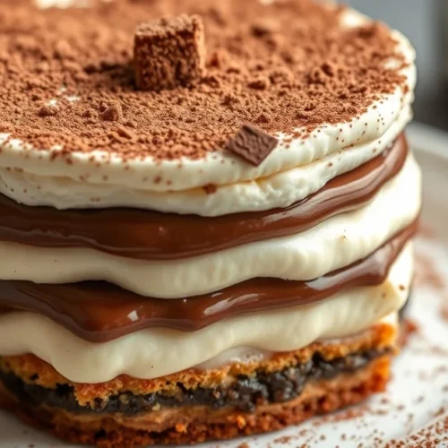 A decadent tiramisu layered dessert with creamy Nutella mascarpone filling, cocoa powder dusting on top, close view, professi