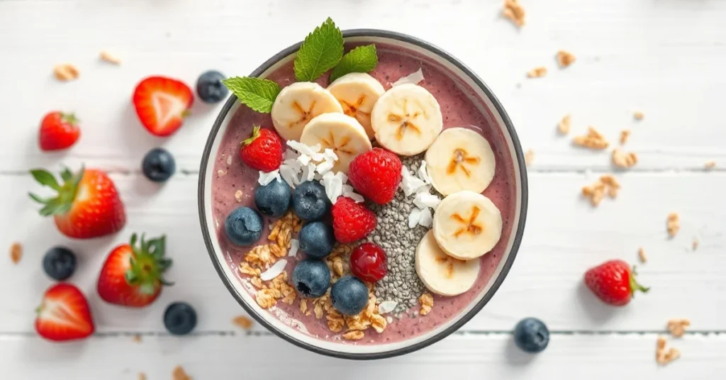 A vibrant colorful smoothie bowl with frozen mixed berries, banana slices, granola, coconut flakes, and chia seeds arranged a