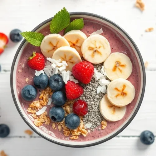 A vibrant colorful smoothie bowl with frozen mixed berries, banana slices, granola, coconut flakes, and chia seeds arranged a