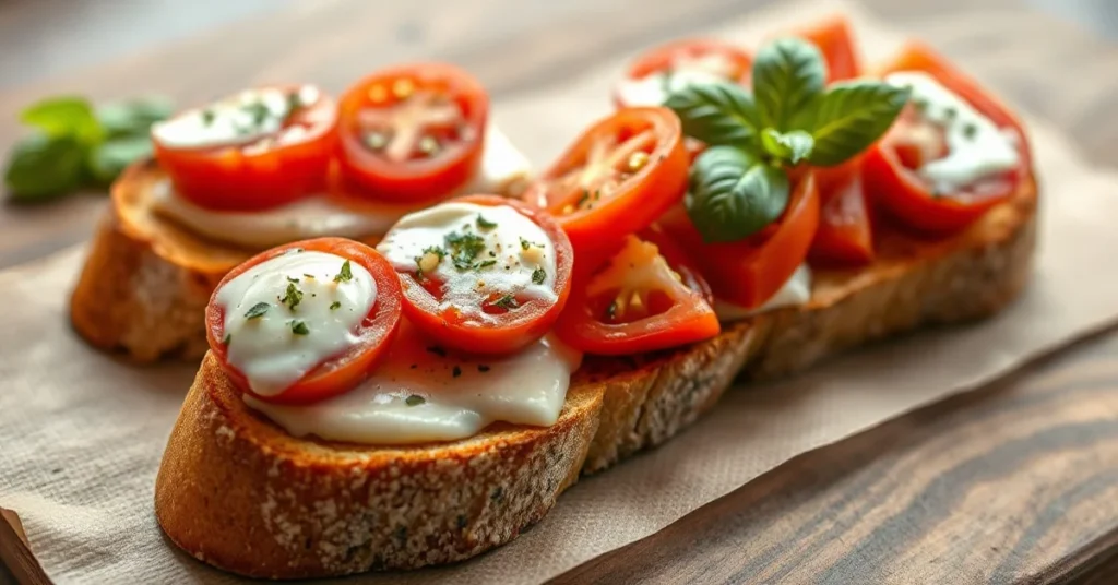 Appetizing bruschetta with melted mozzarella cheese and fresh tomatoes, basil garnish on crispy toasted bread, professional f