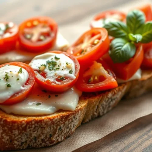 Appetizing bruschetta with melted mozzarella cheese and fresh tomatoes, basil garnish on crispy toasted bread, professional f